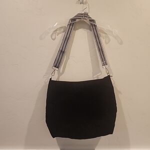 Black Shoulder Corduroy Bag with Patterned Strap